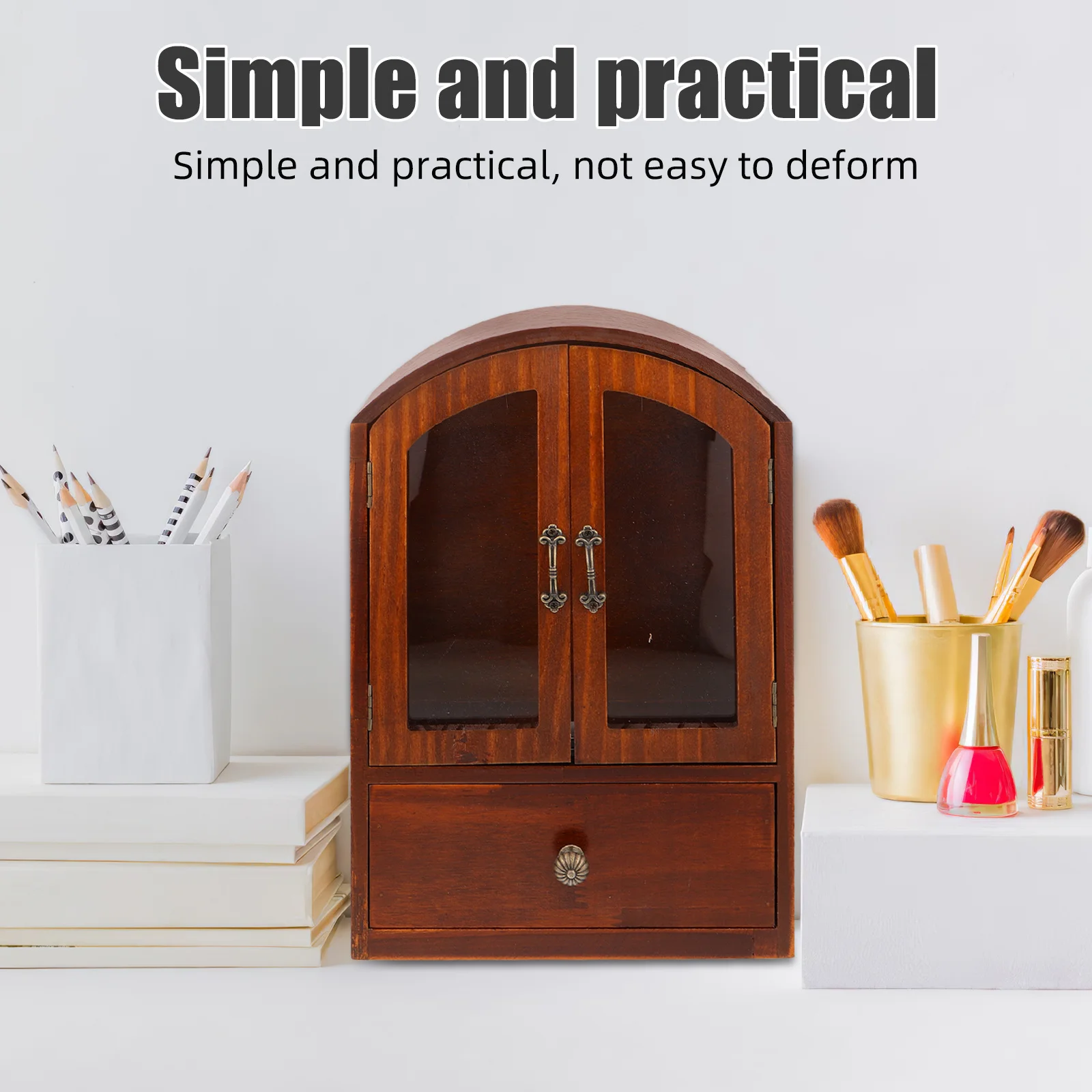 レトロな木製デスクトップ収納キャビネット、ガラス扉、引き出しオーガナイザー、化粧品、オフィス用品、ホームワークスペース、ミニアクセント