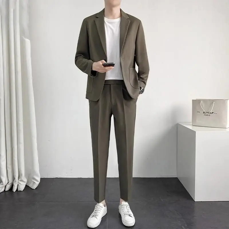 Korean Loose Fitting Oversized Suit Set for Men, High-end Jacket and Pants, Solid Color Suit Set