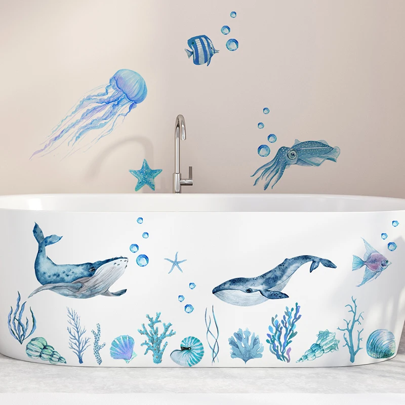 T839#Underwater Animals, Seaweed, Jellyfish, Bubble Wall Stickers, Bathtub Stickers, Background Wall, Bathroom Wall Stickers