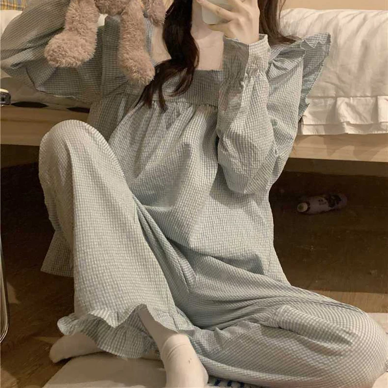 Plaid Sleepwear Women Pajama Sets Autumn Korean Pants Sets 2 Pieces Piiama Square Collar Night Wears Long Sleeve Home Suit New