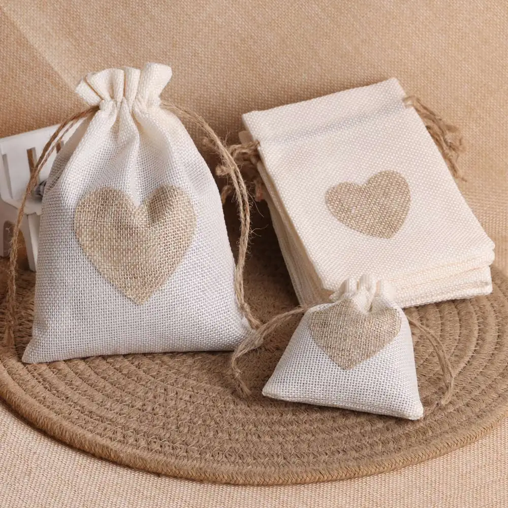 5pcs 8x10 10x14 13x18cm Heart Shape Print Linen Drawstring bags Small Jewelry Pouches Wedding Cotton Burlap Packaging Gift Bag