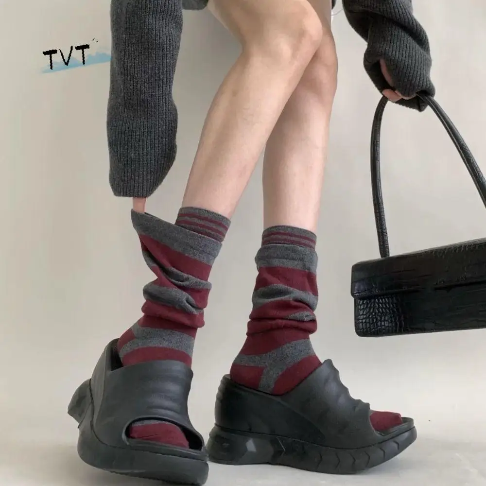 

4Pairs Breathable Fake Two Piece Ruffle Stripe Stocking Loose Warm Striped Pile Socks Patchwork Soft Mid-tube Socks Daily Wear