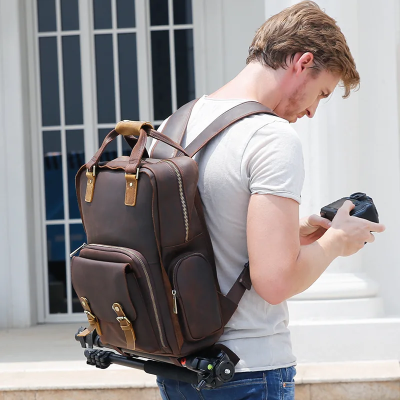 Genuine Leather Camera Backpack Vintage Crazy Horse Leather Dslr Camera Bag With Detachable Liner For Outdoor Photography