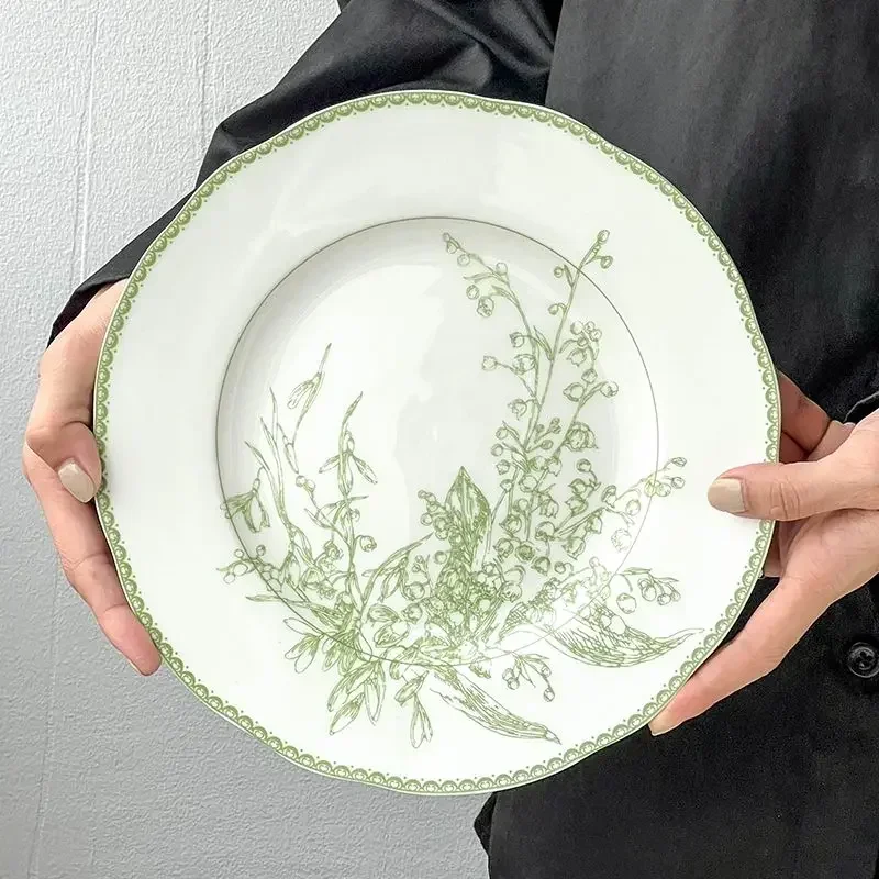 European Style Jade Green Lily of The Valley Series High-end Exquisite Bone China Western Dining Plate Dessert Plate Tableware