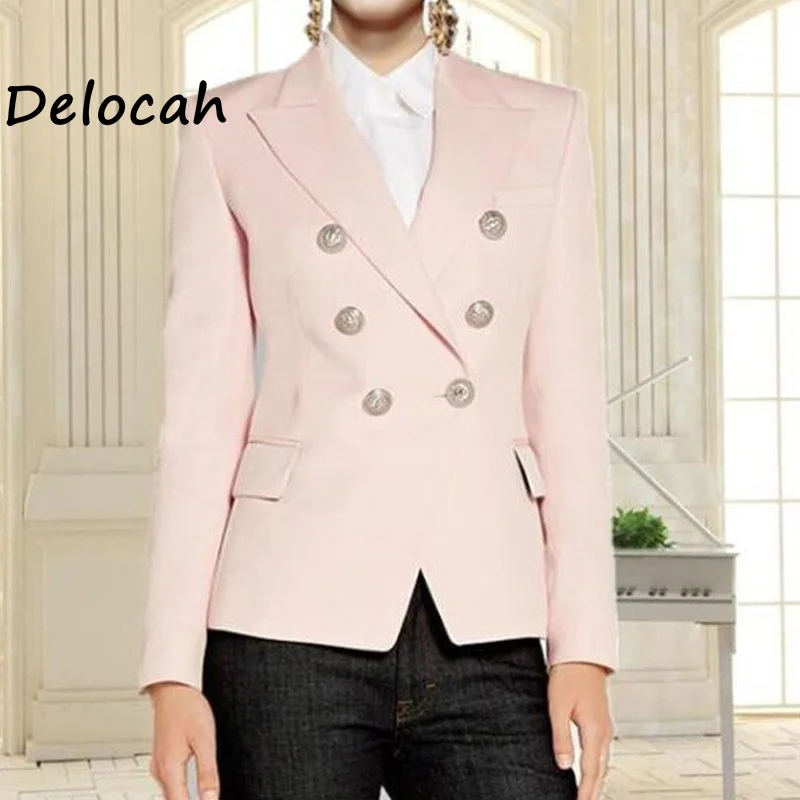 

Delocah 2026 Spring Women's New Fashionable lapel Long Sleeve Metal Double breasted Waist-Cinching Suit Coat