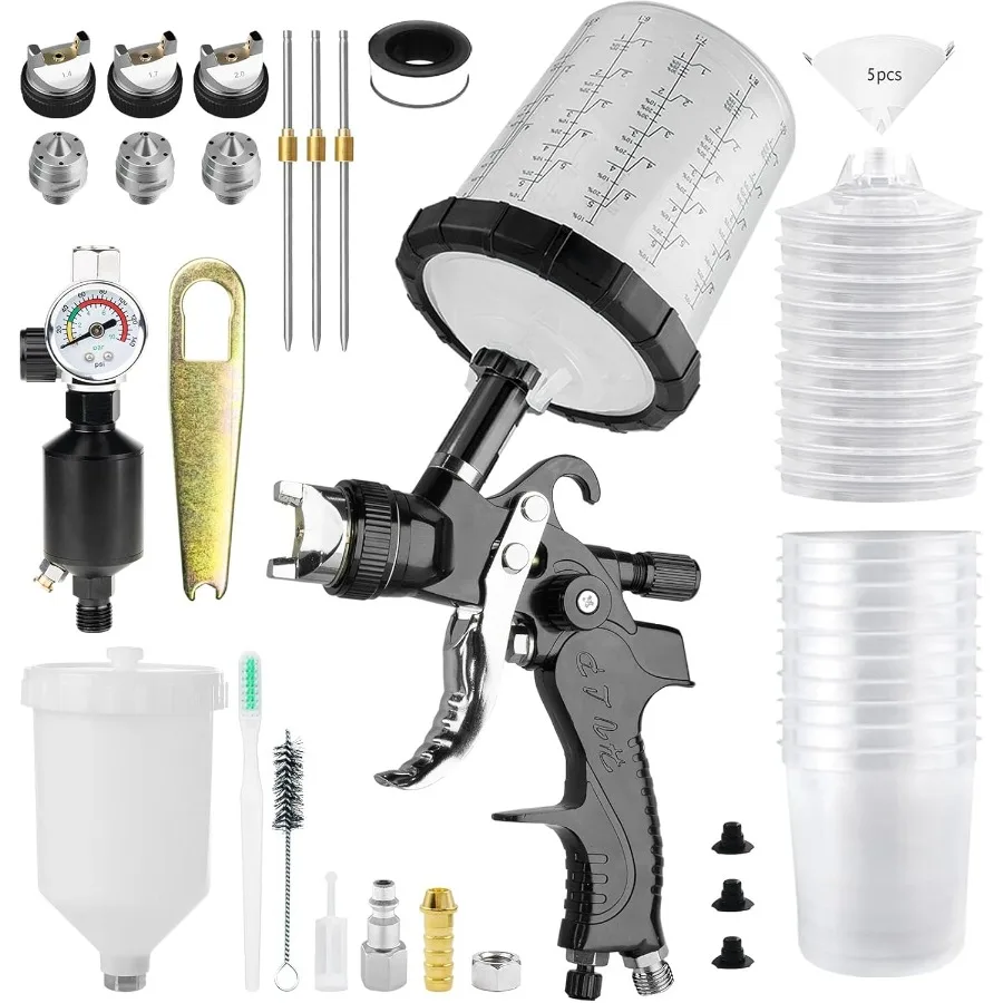 

HVLP Spray Gun Kits with 1.4/1.7/2.5mm Nozzles and Air Compressor Regulator 2 Set Cup Automotive Paint Guns with 10x 650ml Disp