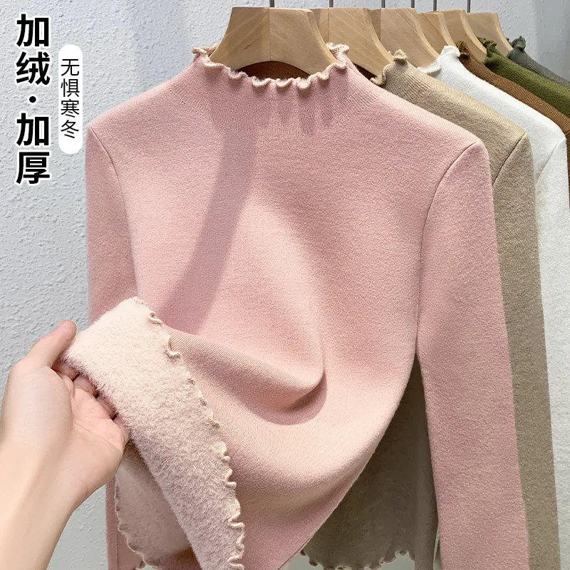 

Women's half-high collar knit sweater2024New women's clothing, fleece-lined and thickened base shirt, warm inner layer with ruff