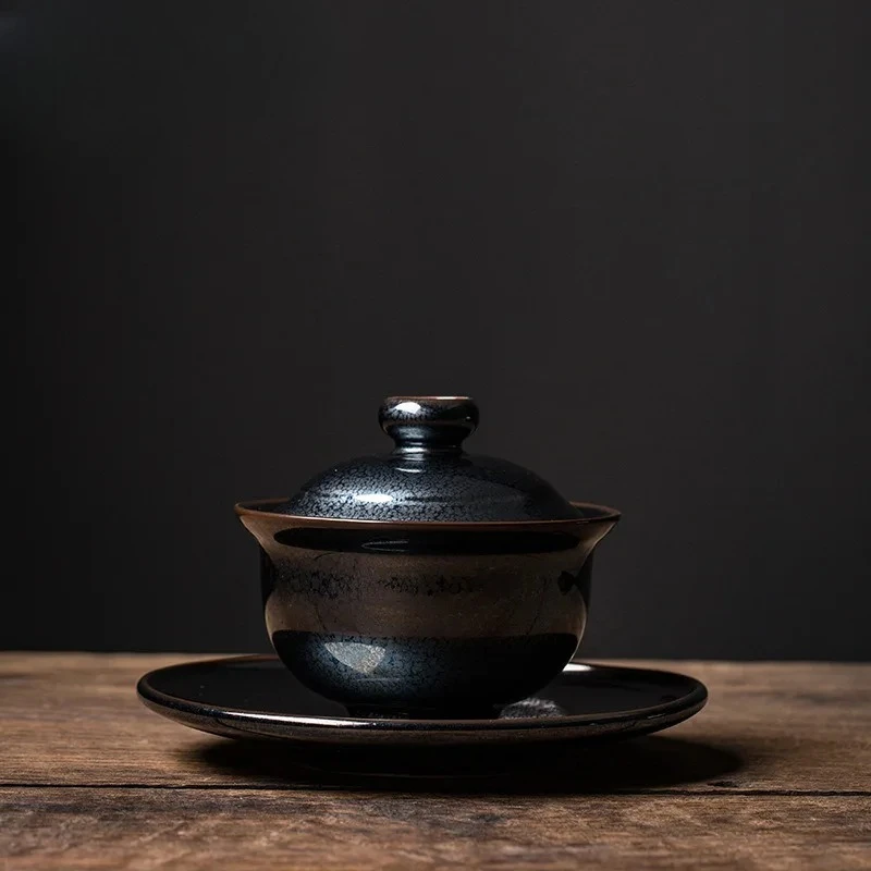 

150ml High-end Tianmu Glazed Fire Dragon Iron Tire Ceramics Sancai Gaiwan Handmade Household Puer Kung Fu Tea Set Gift Packaging