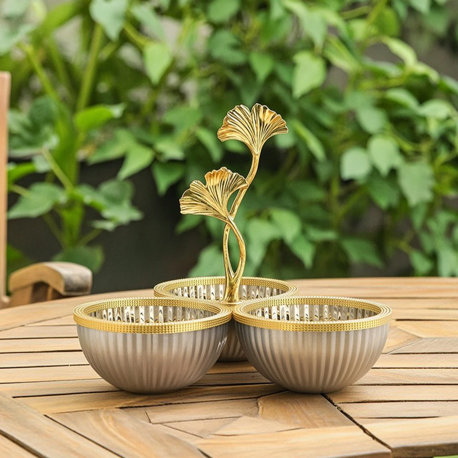 Tabletop Dish with Ginkgo Leaf Stainless Steel Snack Bowl with Leaf Topper Gold-Tone Ribbed for Hosts, Coffee Table