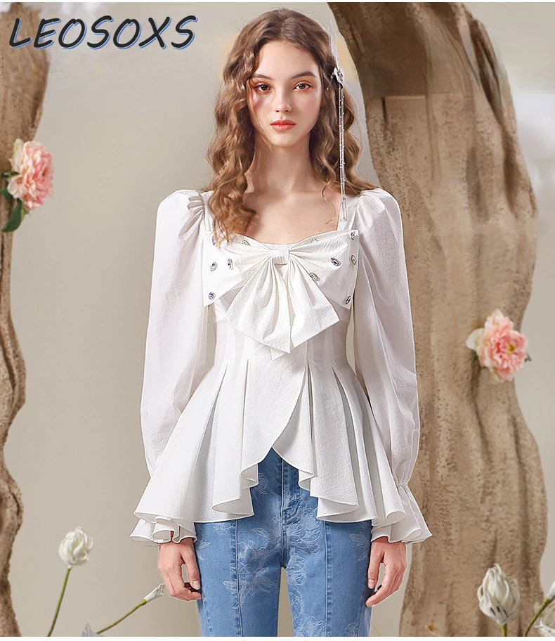 

Niche Design White Top 2024 Spring Elegant Rhinestone Bow Irregular Long Sleeve Shirt Fashion Blouses for Women Office Tops