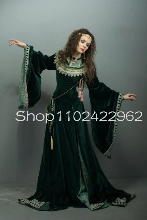 Emerald Green Velvet Eowyn Renaissance Medieval Prom Dresses Fairy Long Sleeve Movie Theater Costume Evening Outfit Gown