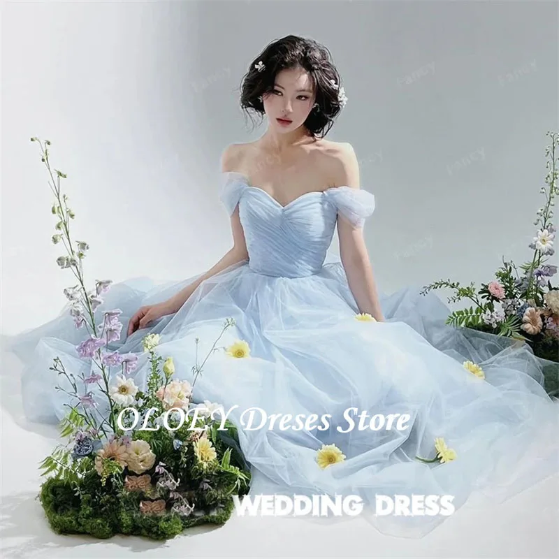 OLOEY-vestido de novia azul claro con hombros descubiertos, sesión de fotos de Corea, línea A, vestido de novia de tul suave, corsé trasero personalizado