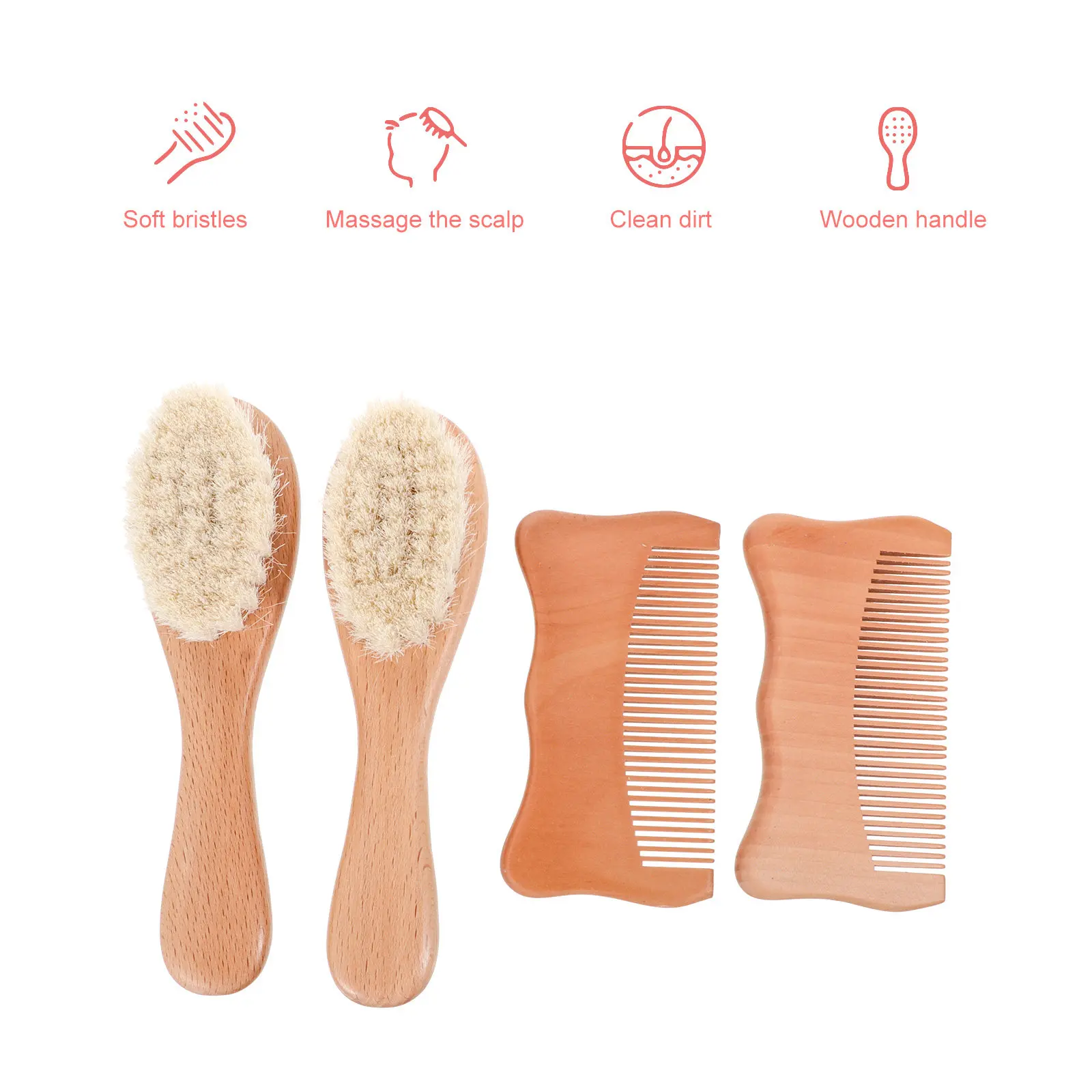 

1Set Beech Wood Baby Comb and Wool Brush Kit for Newborn Scalp Care Gentle Hair Grooming Tool Set Infant Head Development