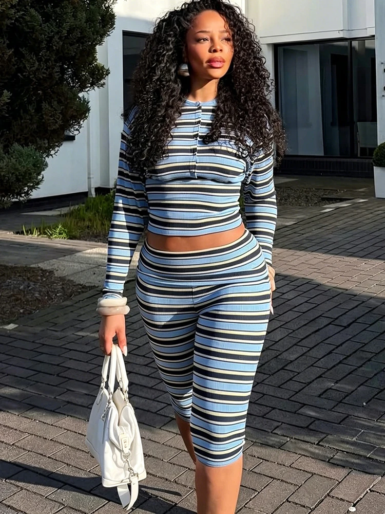 

Kliou Stripe Patchwork 2 Piece Set Woman Autumn Trend o-Neck Full Sleeve Crop Tops+Skinny Wrap Hip Shorts Casual Fashion Suits