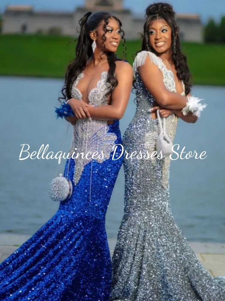 Sexy longo azul vestidos de baile feminino luxo 2025 strass borla frisado lantejoulas vestidos de festa pura malha personalizado