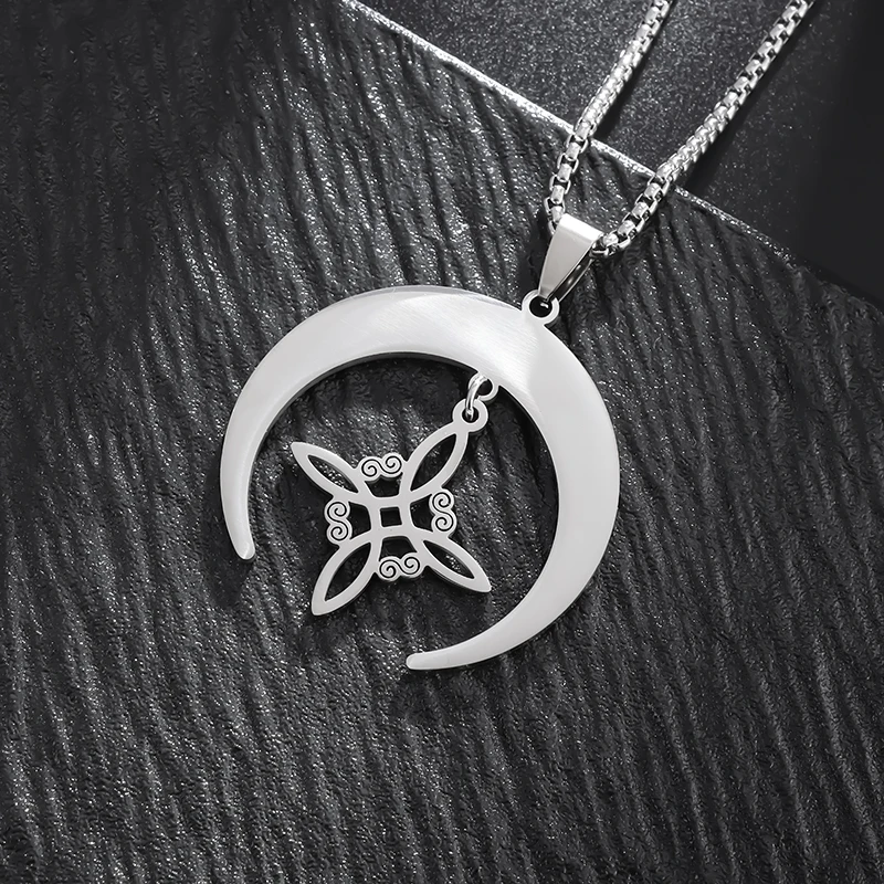 Stainless Steel Witch Knot Moon Symbol Pendant Necklace Witchcraft Supernatural Lucky Amulet Jewelry for Women