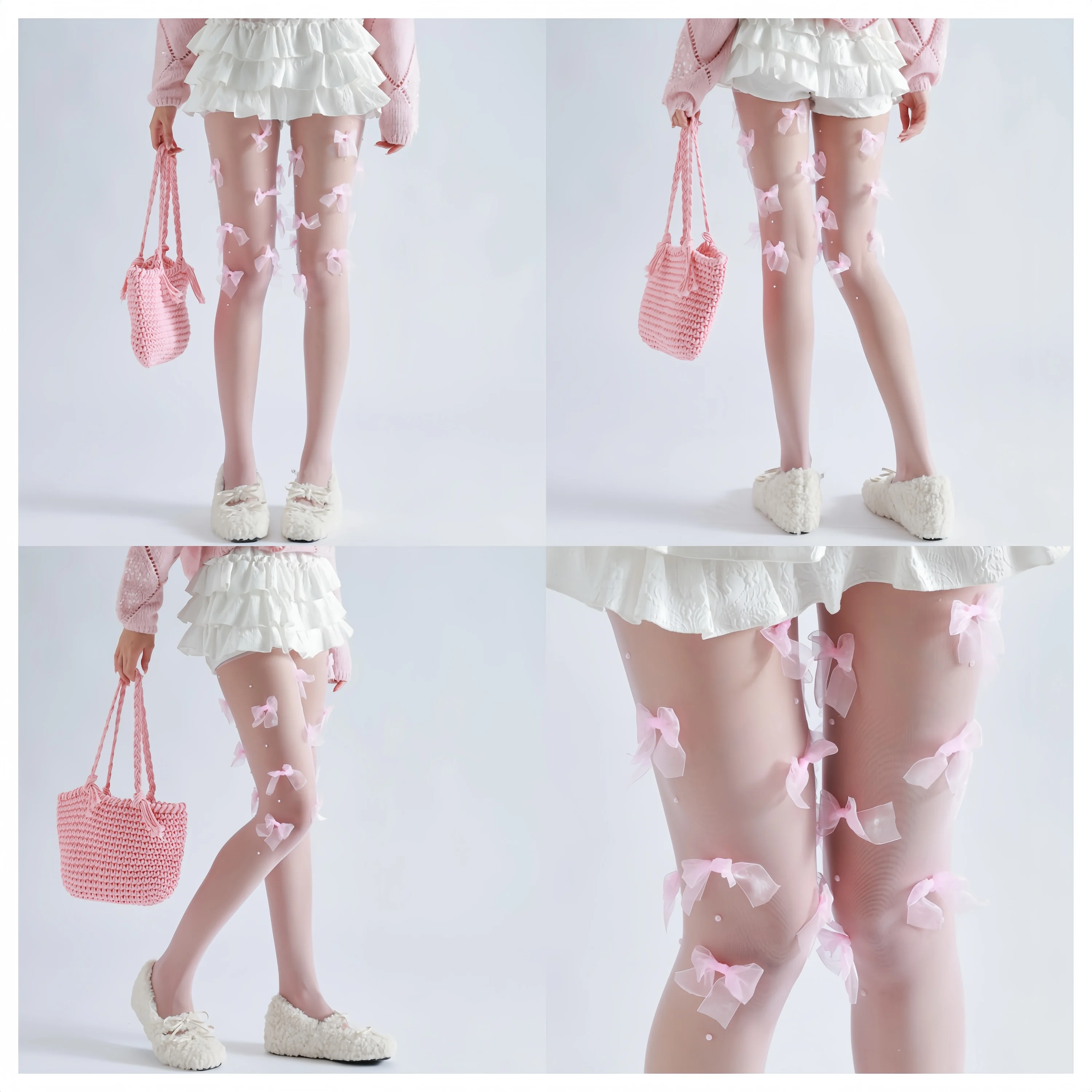 Sahabowi colorful bows pearl design tights print pantyhose for womens sheer blue pink stockings