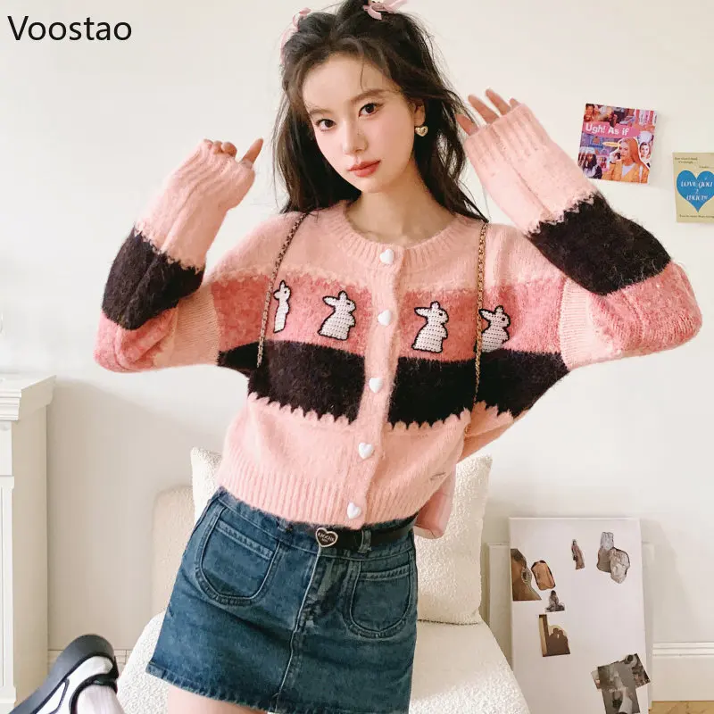 Y2k moda Kawaii Bunny sweter dziergany wiosna kobiety słodki O-Neck paski luźny sweter płaszcz jesień kobiet Chic dzianiny topy