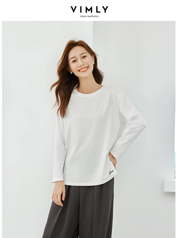 Vimly Women White T-shirt 2024 Spring and Autumn Casual Fashion 100% Cotton Side Slit Long Sleeve Tops Basics Simple Tees V7833