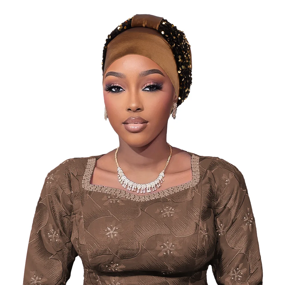 Afrcian Headties Auto Gele Sequins Turban for Women Muslim Head Ties Already Made Nigeria Hijab Bonnet Cap Wedding Head Wraps