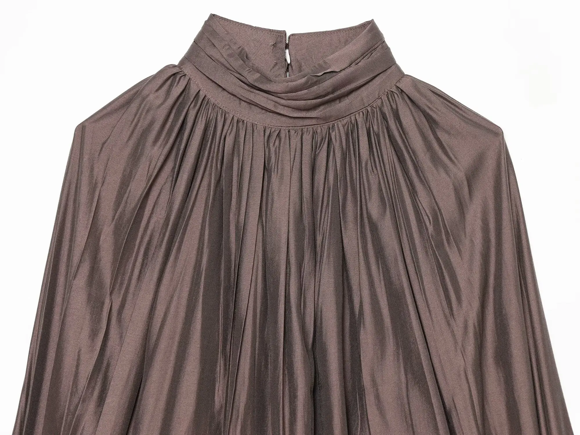 BSAY 2026 Französische Minimalistische Damen-Satinbluse mit Stehkragen, gerafftem Design, Laternenärmeln, lockerem Schnitt, glänzend, elegant, für Bürokleidung, Oberteil – Detail 26