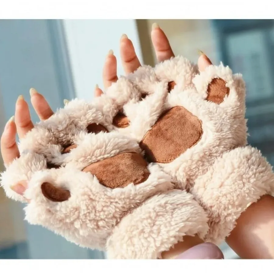 Guantes de dibujos animados para mujer, manoplas de felpa suaves y cálidas, guantes de oso sin dedos, medio dedo