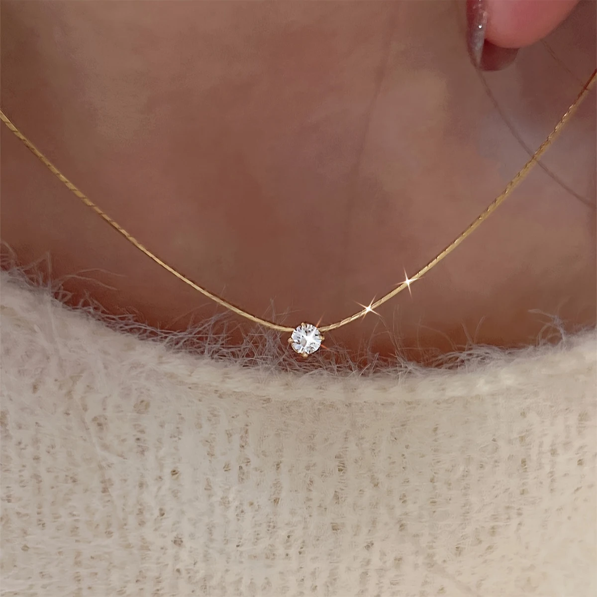 

18K Gold Plated Stainless Steel Necklace Round CZ 6-Prong Pendant Anti-Tarnish Women Minimalist Jewelry