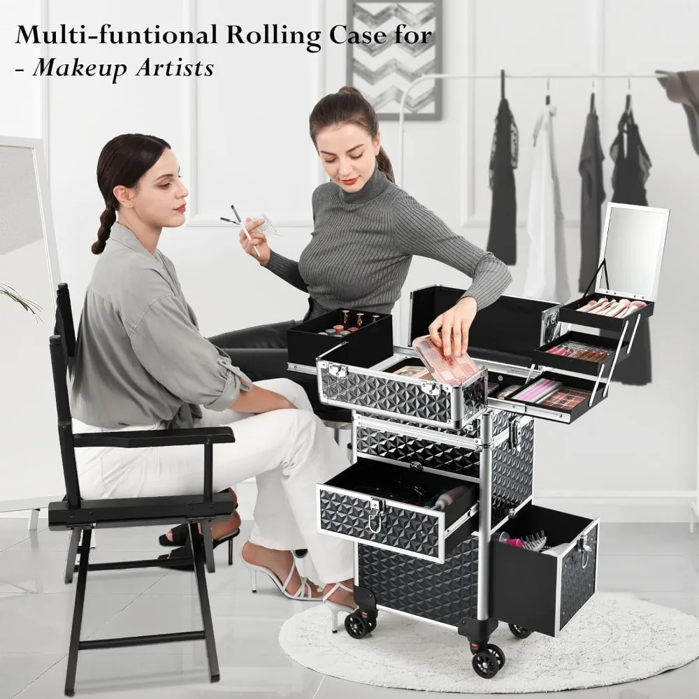 Rolling Makeup Case w/ Wheels & Drawers Large Professional Cosmetology Trolley Case Lockable Travel Cosmetic Storage Train Cases