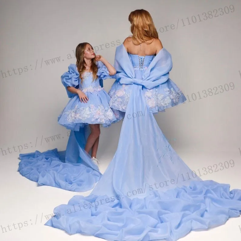 Baby Blue Mother Daughter Matching Dresses 3D Handmade Flower Applique Mommy Me outfit Birthday or Wedding Flower Girls Dress