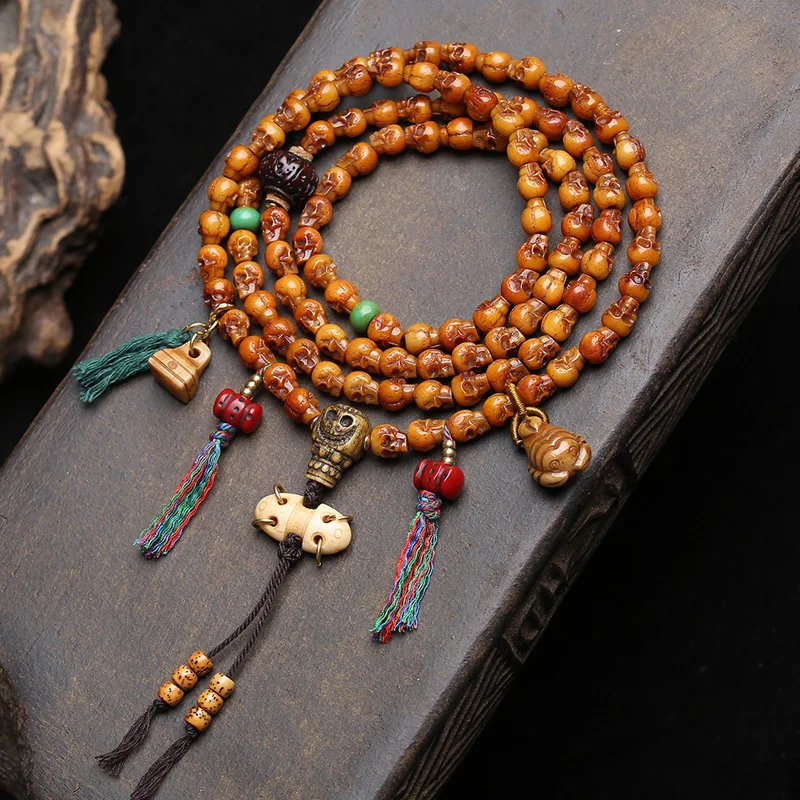 Tibetan-style backflow yak bone carving charnel ground 108-bead rosary, camel bone triple-pass back cloud play beads