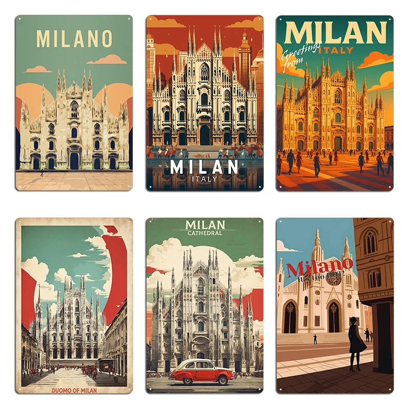 Viagem vintage milão itália ilustração estilo retro catedral duomo em milão itália placa de metal cinema personalizado estanho cartaz