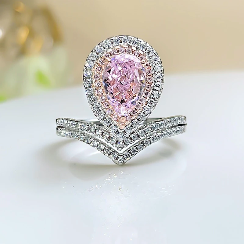 

Pear Shaped Cherry Blossom Pink Diamond Ring, Queen's Crown Temperament 925 Silver Versatile Engagement Jewelry for Women