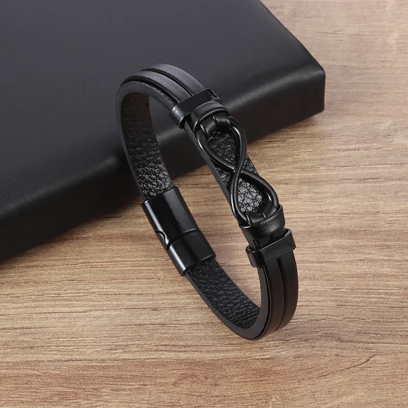 Fashion Men's Classic Simple Black Infinity Leather Bracelet Magnetic Buckle Bracelet Casual Party Jewelry Birthday Gift