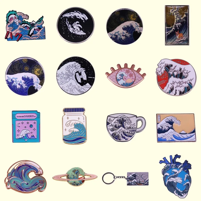 

Perfect Quality Artist Hokusai The Great Wave of Kanagawa Enamel Pins Tea Japanese Style Classic Painting Brooches Jewelry Gifts