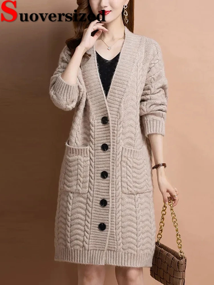 Thick Loose Knitwears Mid-lenght Cardigan Casual Knitted Elegant Sweaters Oversize Women\'s Gilet New Korean Fashion Jackets