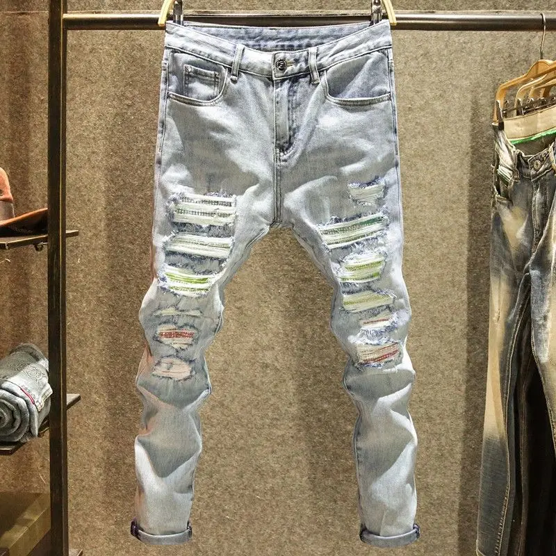 2025 Summer Ripped Jeans Men's Slim-fitting Small Feet Elastic Trousers Trendy Brand Fashion Scratched Patch Cargo Beggar Pants