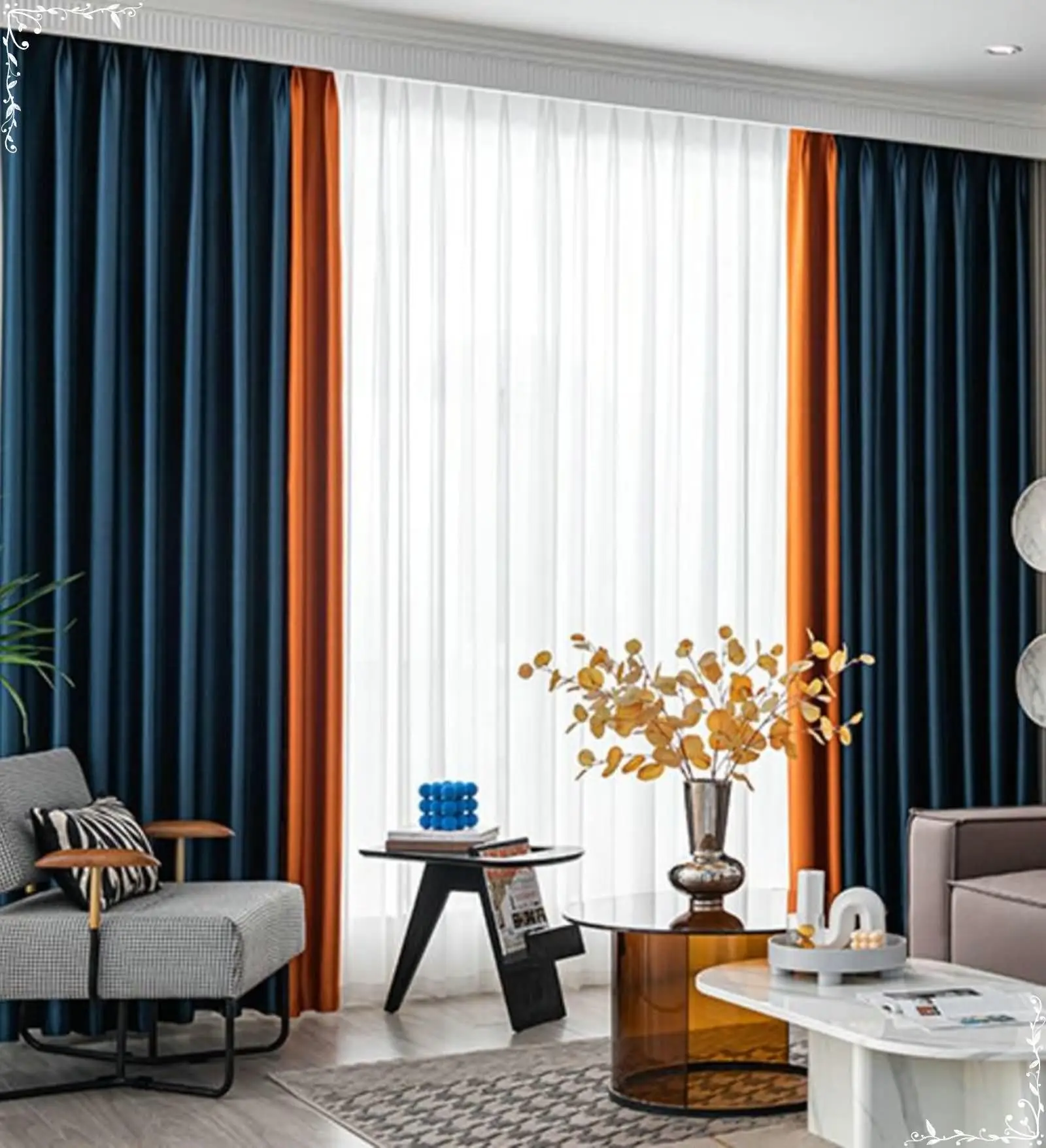 Bedroom Curtains Blackout 45 Inch Length, Polyester Eyelet Darkening Curtains Splicing with Grid Texture Dark Blue