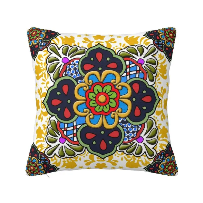 Custom Modern Mexican Talavera Flower Cushion Cover for Sofa Velvet Folk Ceramic Tile Art Pillow Case Decoration