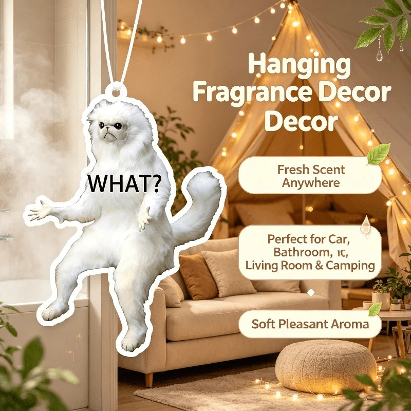 Car Air Freshener Confused White Cat Hanging Scent Card for Car Interior Decor Rearview Mirror Ornament Gift