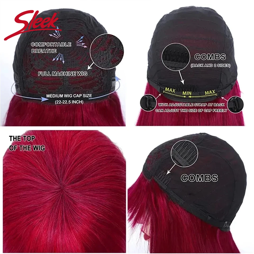 Perucas de cabelo humano elegantes com bang brasileiro reto vermelho borgonha perucas de cabelo humano cor marrom 4 #   Para mulheres negras sem perucas de renda