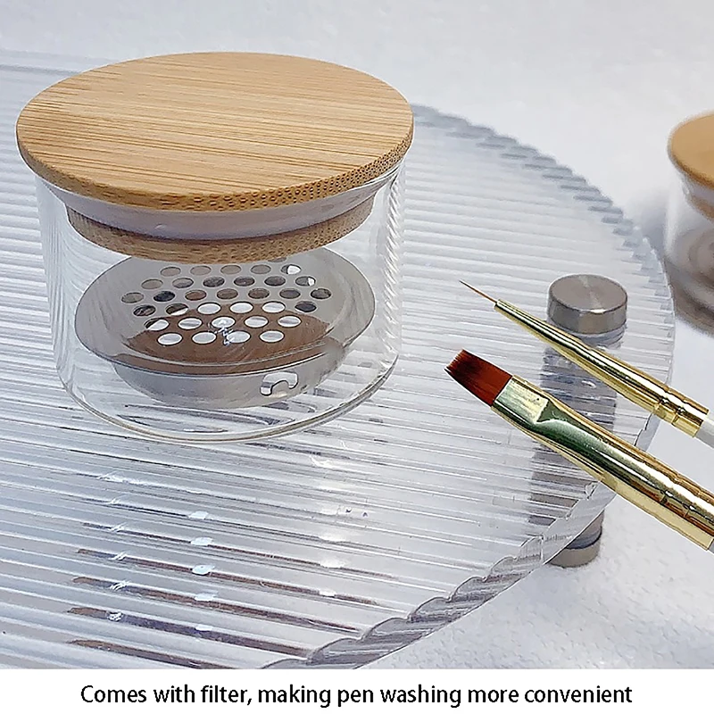 살롱용 나무 뚜껑이 있는 유리 네일 컵 1개 - 파우더, 리퀴드, 브러쉬 보울 홀더 용기 네일 아트 클리닝 도구