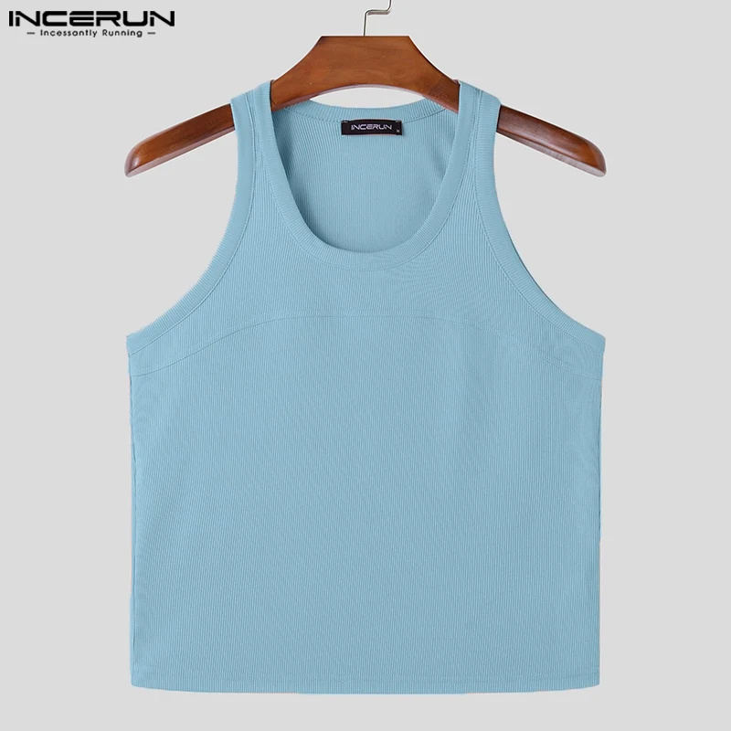 INCERUN Men Tank Tops Solid Color O-neck Sleeveless Fitness Casual Male Vests Streetwear Summer 2024 Fashion Crop Tops Men S-5XL