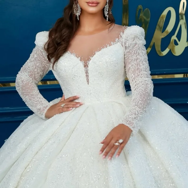 Personalizado brilhante luxo marfim vestido de baile vestidos de casamento real cristal querida decalque contas cauda longa feito robe de
