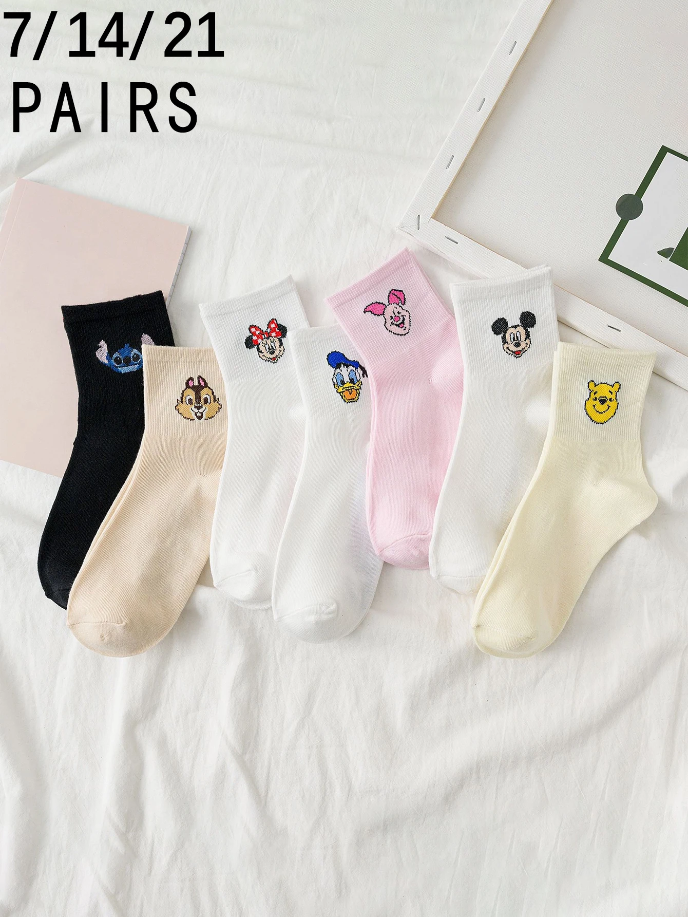 

7/14/21 Pairs of miniso Academic style Disney Cartoon Character pattern Comfortable Soft Women's Mid-Calf Socks