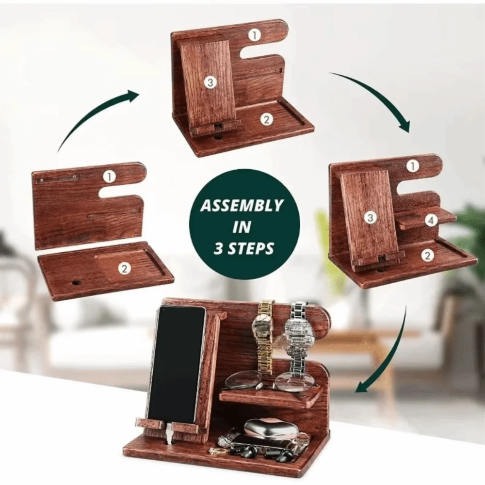 Multifunction Solid Wood Charging Phone Holder Space Saving Stable Groove Design Watch Organizer Detachable Desk Organiser Gift