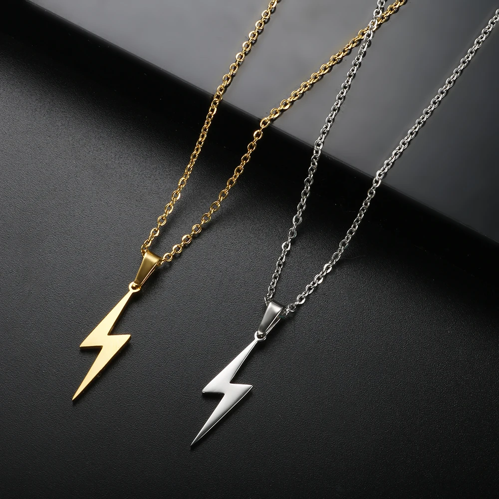 Trendy Stainless Steel Lightning Shaped Pendant Necklace for Women Men Couple Daily Wear Fashion Charm Necklace Jewelry