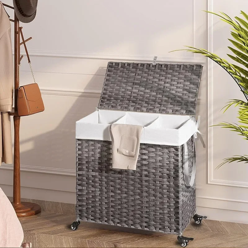 Laundry Hamper with Wheels&Lid, 125L Large 3 Sections Clothes Hamper with 2 Types Removable Liner Bags, 5 Mesh Laundry Bags