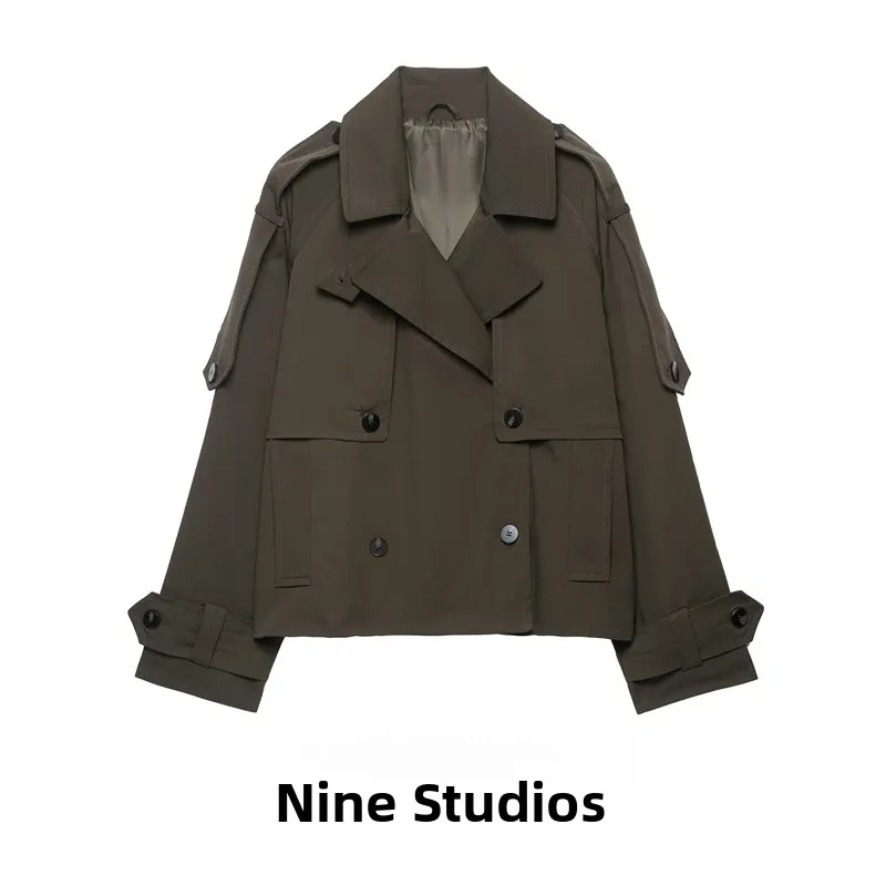 Loose Fit Short Length Double Breasted Long Sleeve Turn down Collar Women's Jacket Coat Windbreaker Outerwear by NINE ZAR