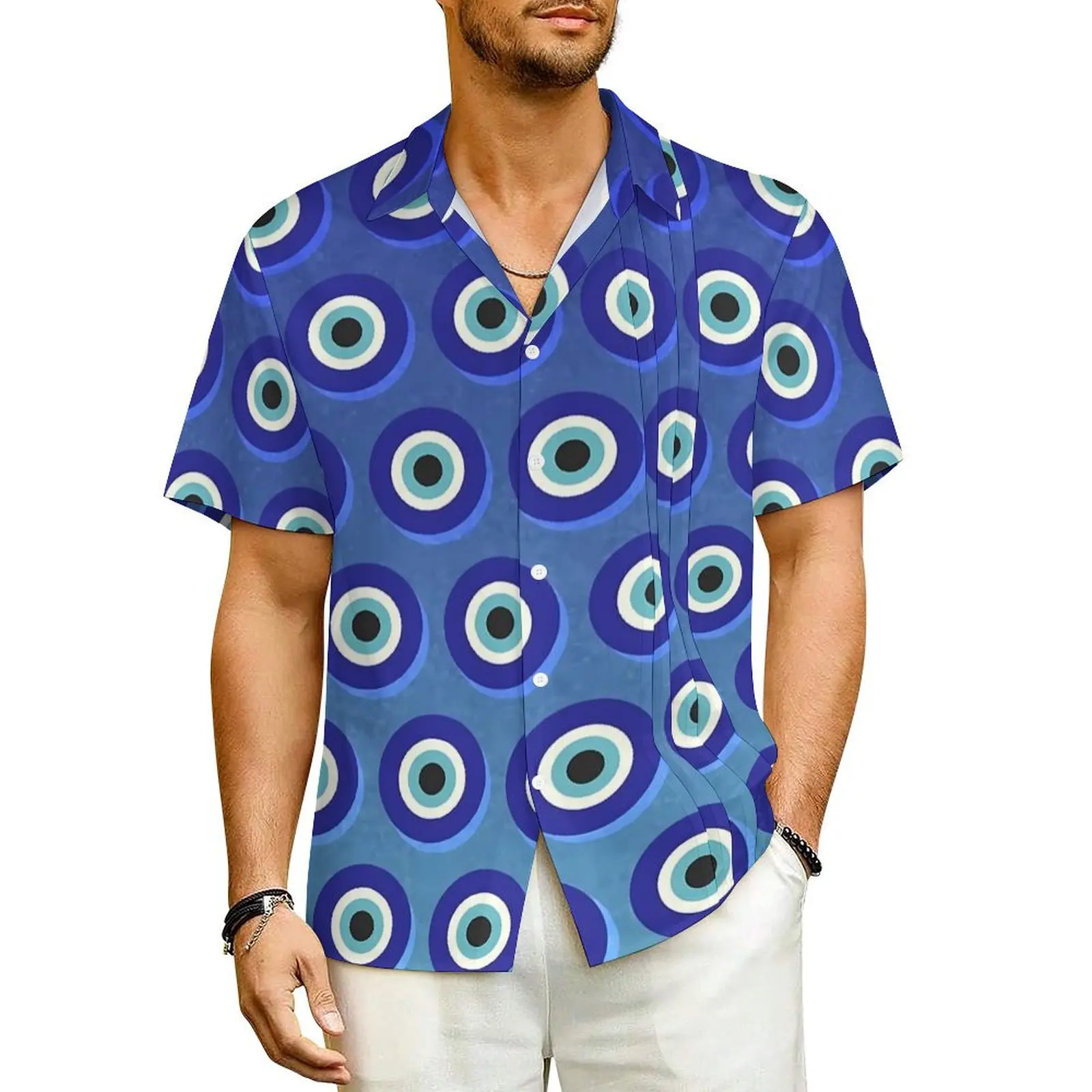 

Hawaiian Shirt Beach Evil Eye Blouses Blue Eyes Print Novelty Casual Shirts Male Short-Sleeve Korean Fashion Plus Size 4XL Top