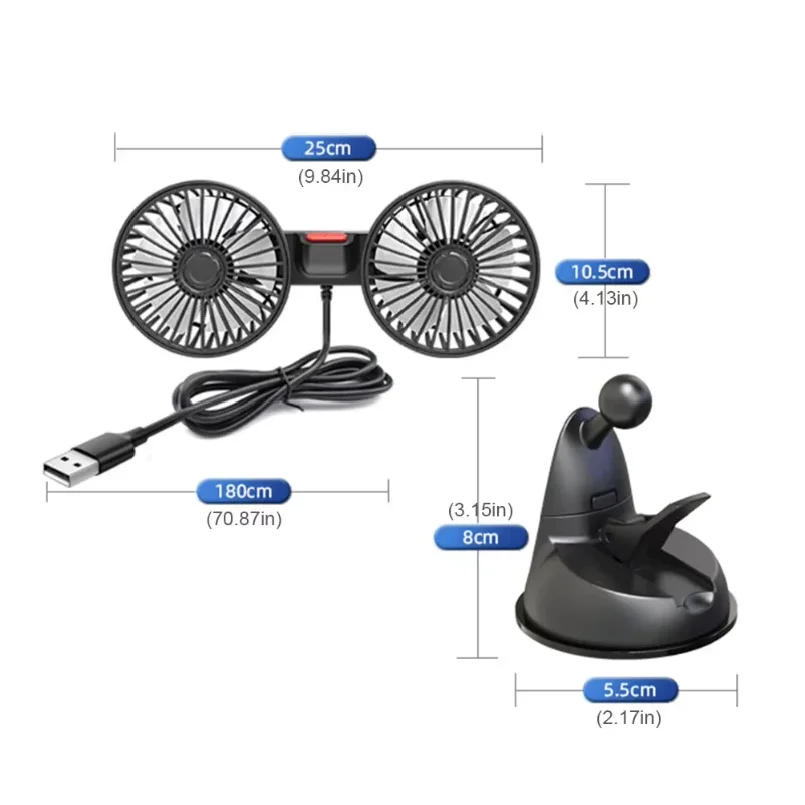 USB 5V Auto Ventilation Fan Dual Head Car Suction Cup Fan 360 Degree Rotation Adjustable 3 Speeds for Dashboard RV Truck